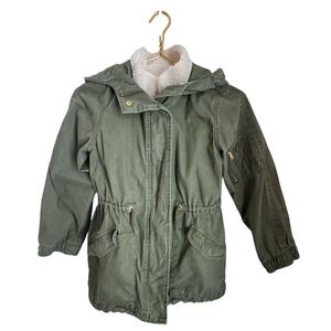 Gap Kids Army Green Utility Jacket Medium Faux Fur Lined Hood Coat Removal Vest